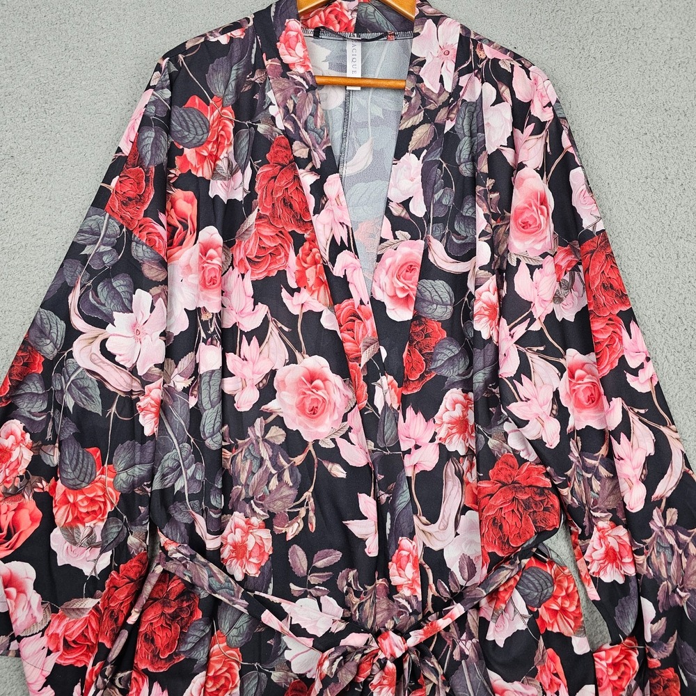 Cacique Floral Kimono Robe Plus 22/24 Black Red Pink Roses Belted Lingerie